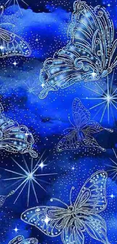 Blue butterflies with stars on a vibrant, starry night background.