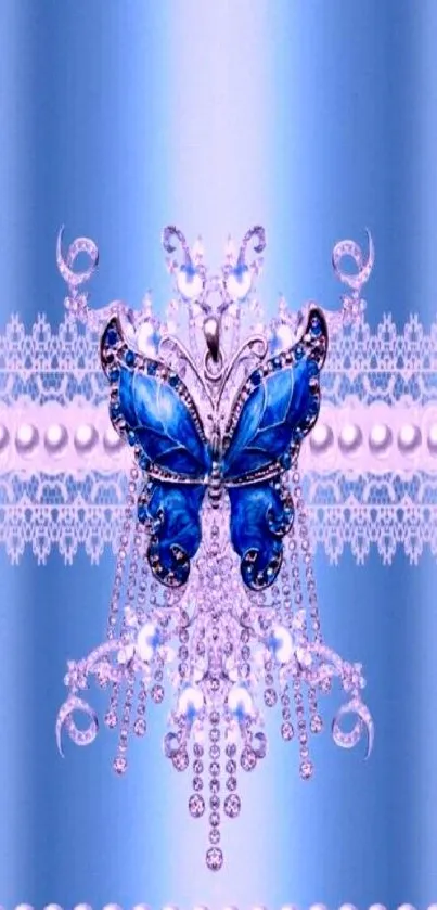 Elegant blue butterfly with pearl accents on a decorative lace background.