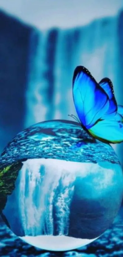 Blue butterfly on crystal ball with waterfall backdrop.