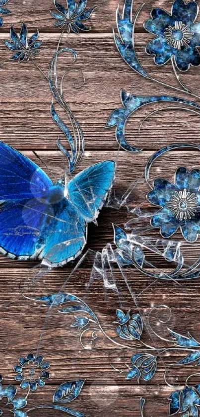 Blue butterfly and floral design on rustic wooden background.