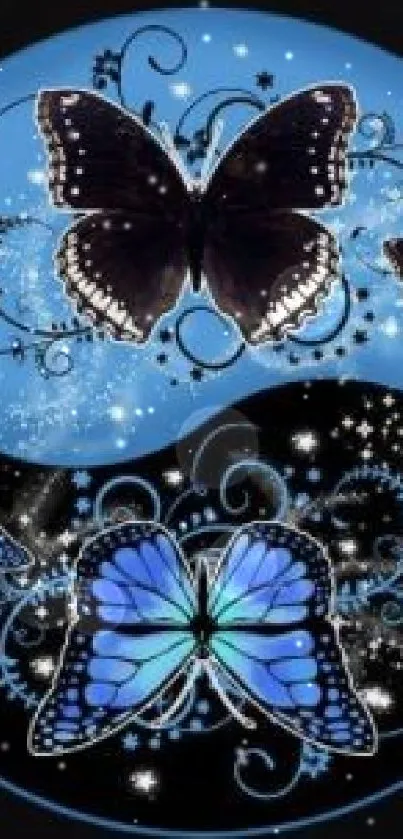 Blue butterfly yin yang wallpaper with floral designs and a cosmic touch.