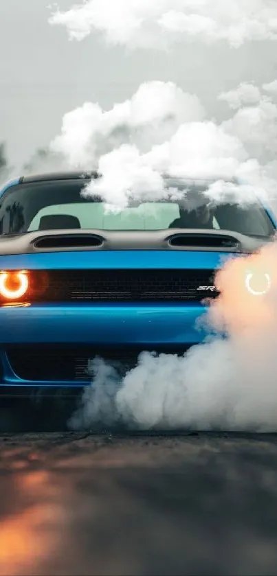 Dynamic blue car drifting through smoke, perfect for speed enthusiasts.