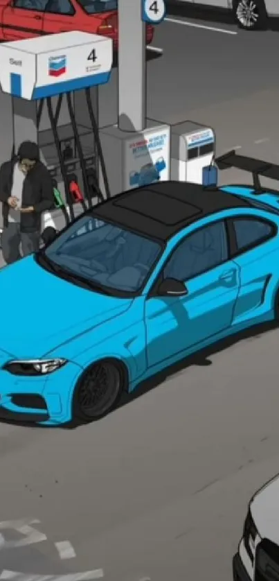 Illustration of a sleek blue car at a gas station.