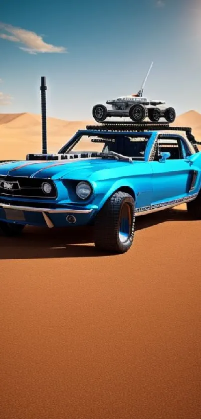 Blue classic car driving in a sunlit sandy desert.