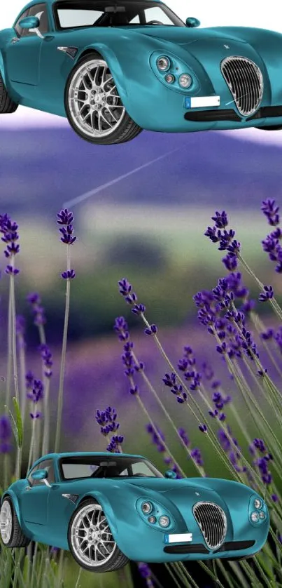 Blue car in a lavender field with scenic background.