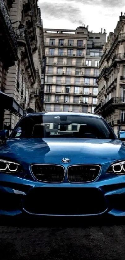 Sleek blue car parked in an urban city street scene with detailed architecture.