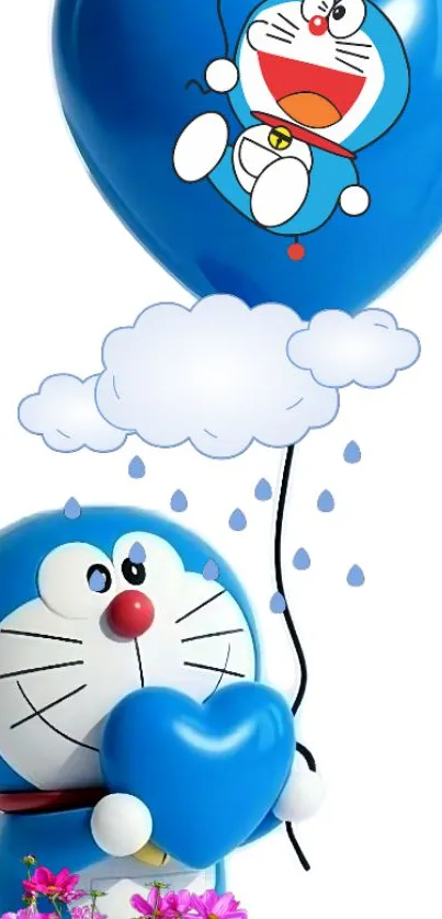 Blue cartoon character with a heart balloon and flowers.
