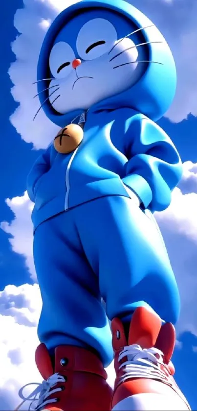 Blue cartoon character stands confidently against a sky full of fluffy clouds.