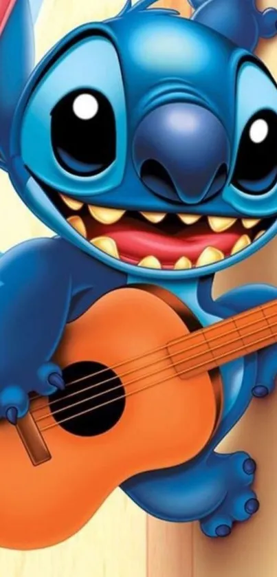 Blue cartoon character playing ukulele on a vibrant phone wallpaper.