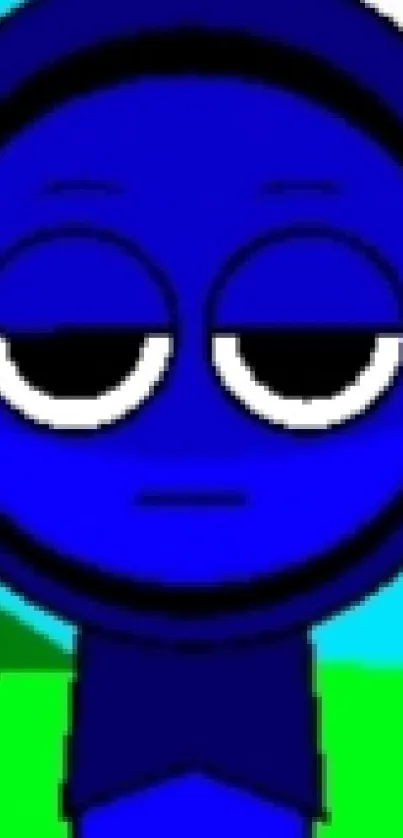 Blue cartoon character with a vibrant background.