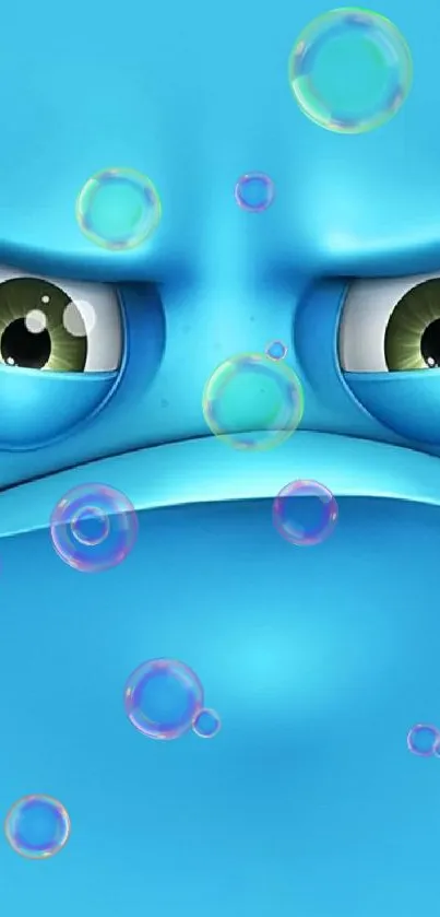 Playful blue cartoon character with green eyes wallpaper for phones.