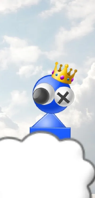 A cartoon character on clouds with a crown against a blue sky.