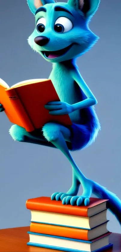 Blue cartoon character reading a book on stacked colored books.