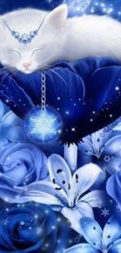 White cat resting on blue roses with a glowing starry backdrop.