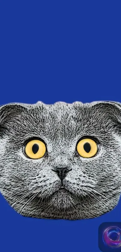 Vibrant blue wallpaper with cat face and yellow eyes, ideal for mobile screens.