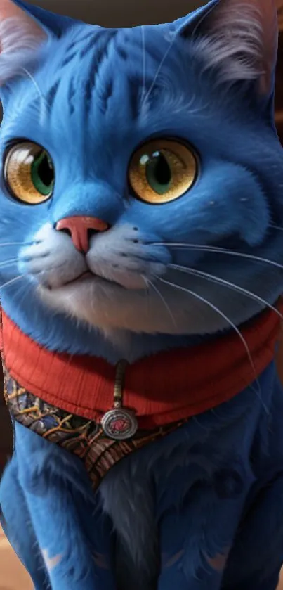 Blue cat with fantasy costume and expressive eyes, mobile wallpaper.