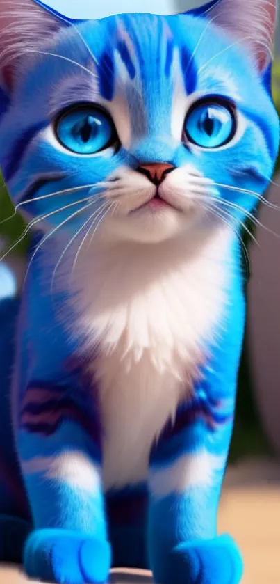 Vibrant blue cat with striking blue eyes in mobile wallpaper.