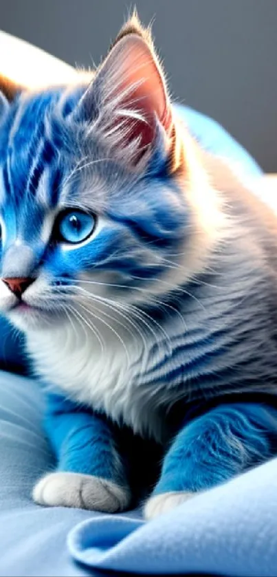 Adorable blue-toned kitten on a soft, cozy blanket.