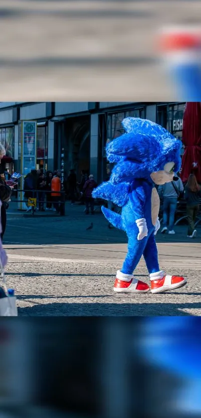 Blue character walking down a bustling street.