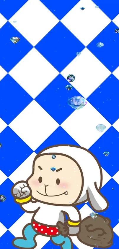 Cartoon character on blue and white checkered wallpaper with diamonds.