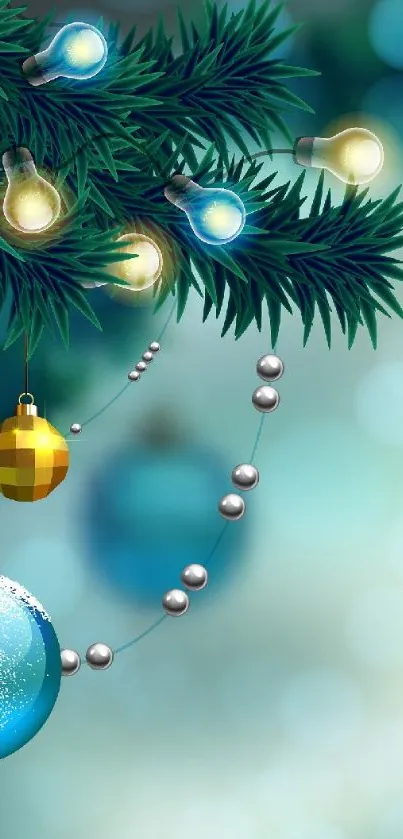 Festive Christmas wallpaper with blue ornament and sparkling lights.