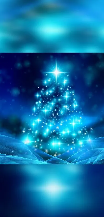 Blue sparkling Christmas tree with starry night sky background.