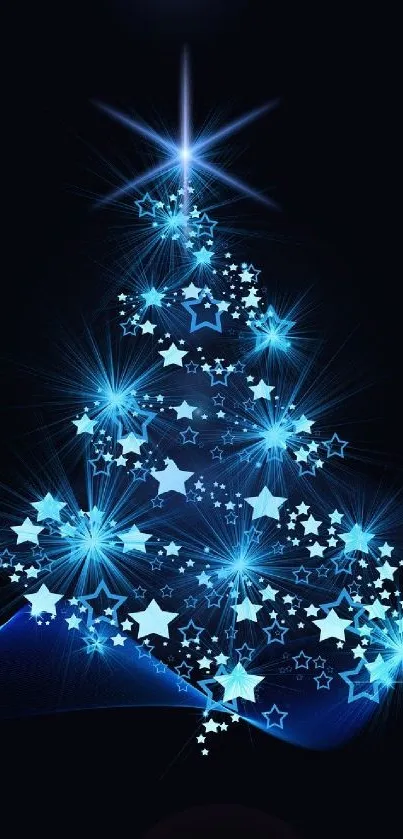Blue Christmas tree with glowing starry lights on a dark background.