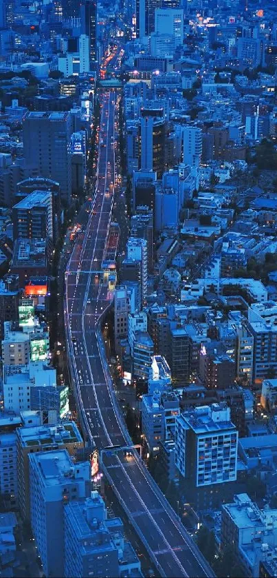 A vibrant blue cityscape glowing with urban lights at night.