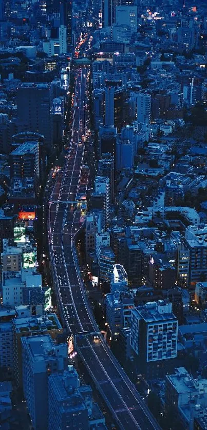 Aerial view of a vibrant cityscape at night with blue tones and illuminated streets.