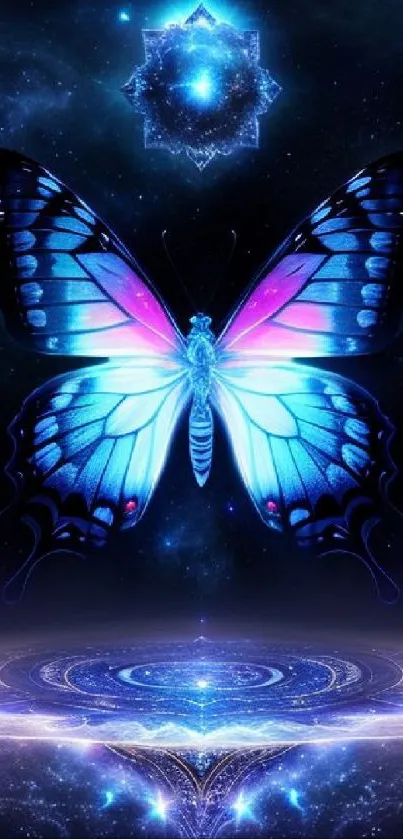 Cosmic butterfly with vibrant wings in a galaxy setting.