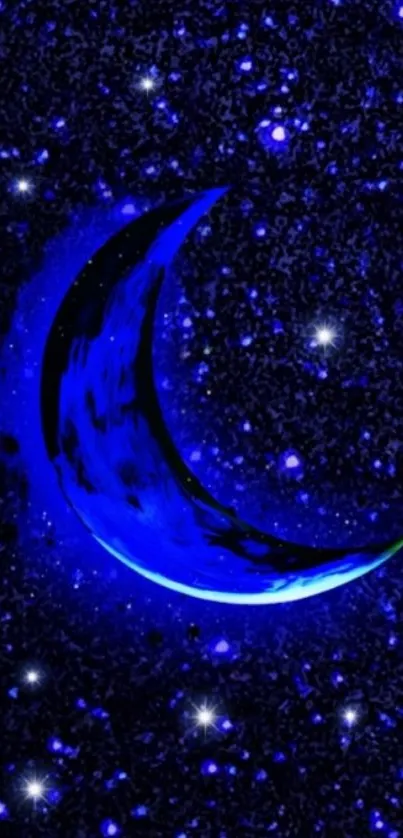 Blue crescent moon in cosmic starry background wallpaper.