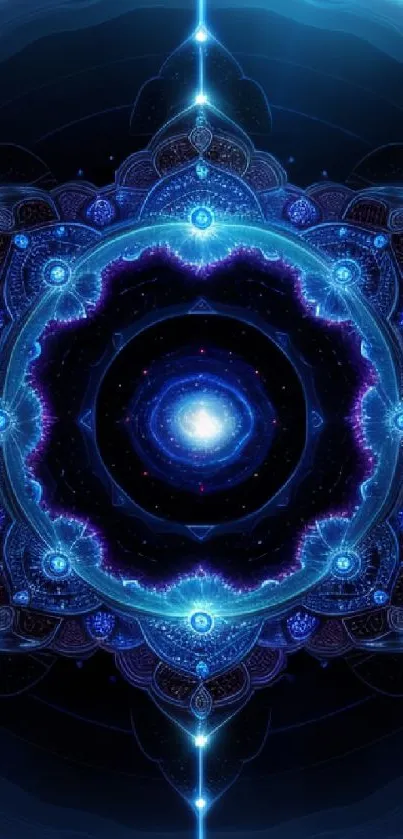 Intricate blue cosmic mandala wallpaper for mobile, featuring detailed patterns.