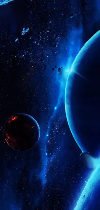 Wallpaper of blue planets set in a cosmic space scene.