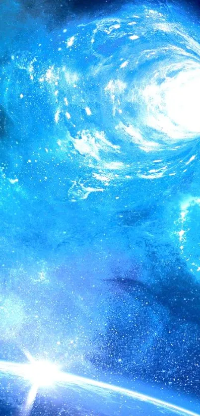 Blue cosmic vortex galaxy swirling in space wallpaper.