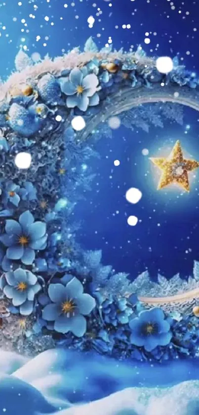 Enchanting blue crescent moon with star design wallpaper.