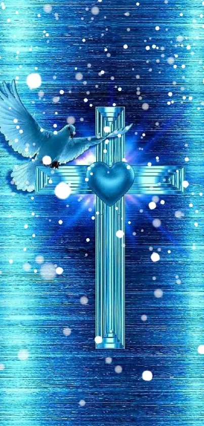 Mobile wallpaper with blue cross and dove design.