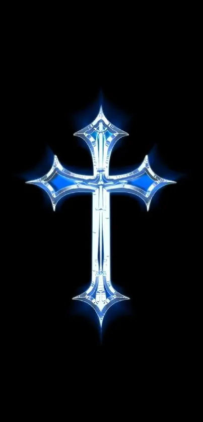 Glowing blue cross design on a black mobile wallpaper background.