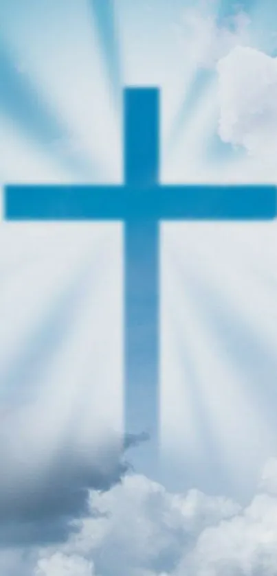 Blue cross in serene cloud background, radiating light.