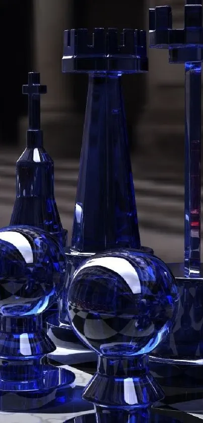 Blue crystal chess pieces on a classic board