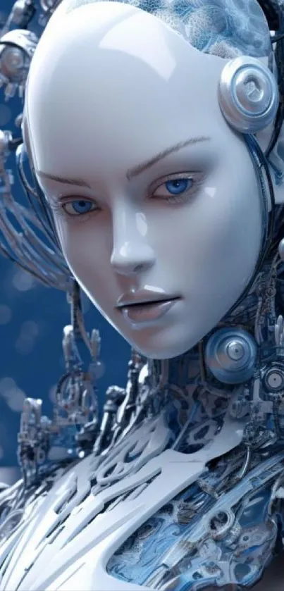 Futuristic cybernetic figure with blue hues and intricate robotic details.