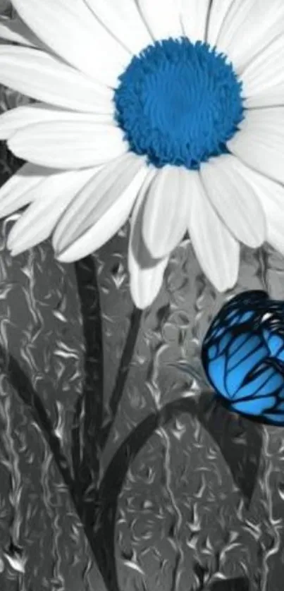 Blue butterfly and daisy wallpaper on a monochrome background.