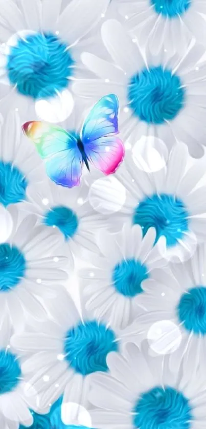 Mobile wallpaper with blue daisies and a colorful butterfly.