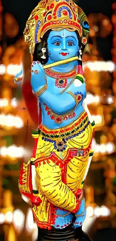 Vibrant blue deity statue wallpaper with colorful details.