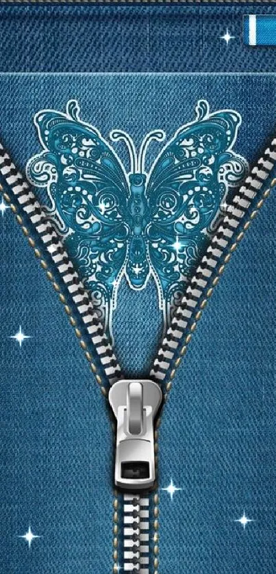 Blue butterfly with denim zippers on phone wallpaper.