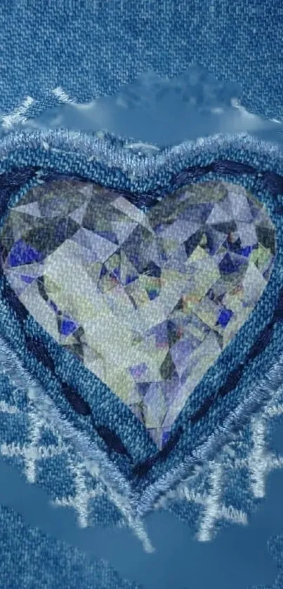 Heart gemstone set on blue denim texture wallpaper.