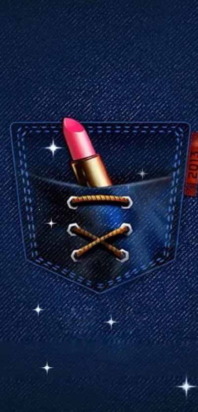 Blue denim pocket with lipstick art on mobile wallpaper.