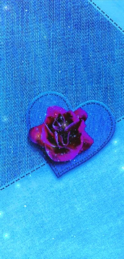 Blue denim heart with a red rose wallpaper.