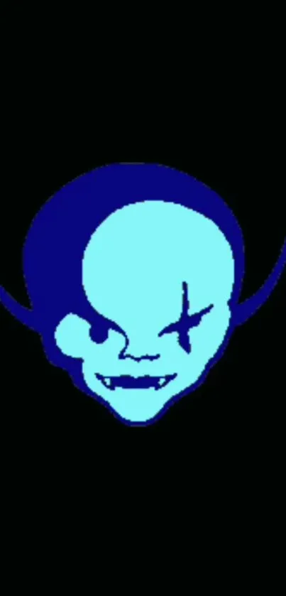 Blue devil face with bold outlines on a dark background.