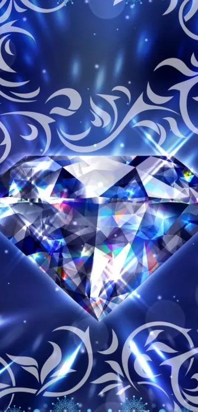 Blue diamond with intricate patterns and sparkling effects.