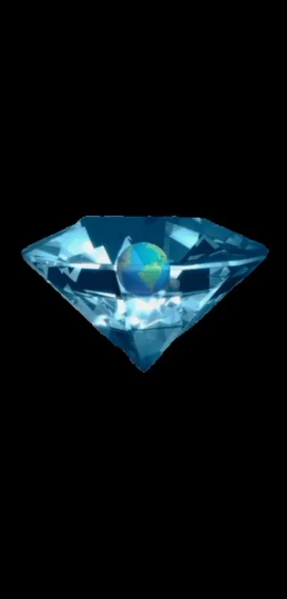 Blue diamond with an earth design against black background.